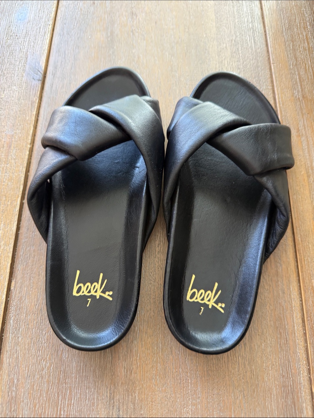 Beek Rhea Black Leather Crisscross Platform Slide Sandals Size 7